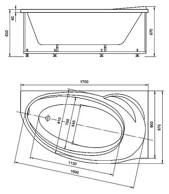 PAOLINA Ванна асимм 170х97 с фронт панелью и монт комп ПРАВАЯ СХЕМА