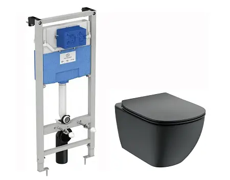 Промо-комплект: Унитаз с инсталляцией Ideal Standard Tesi с сиденьем Микролифт, черный шелк (T3868V1)