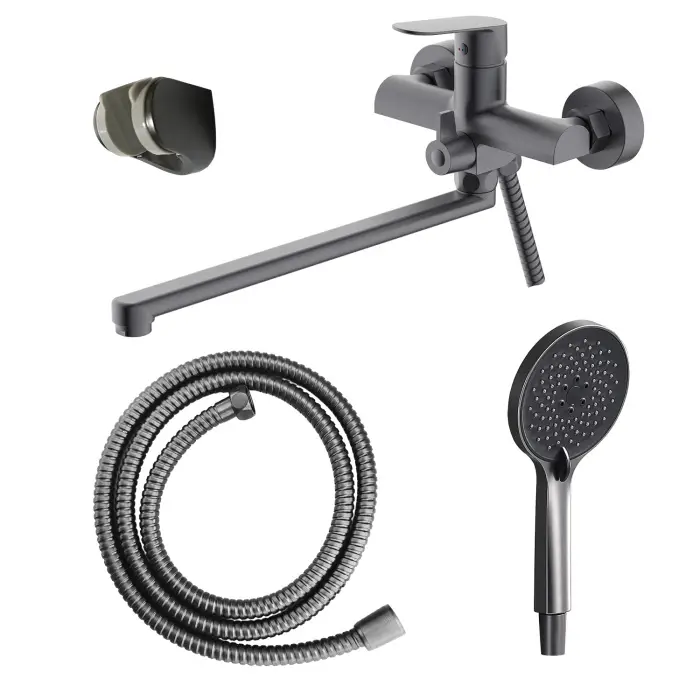 Смеситель для ванны Azario Alanti керамический картридж, длинный излив, с ручным душем, шланг 150 см, графит (AZ-K1732GR)