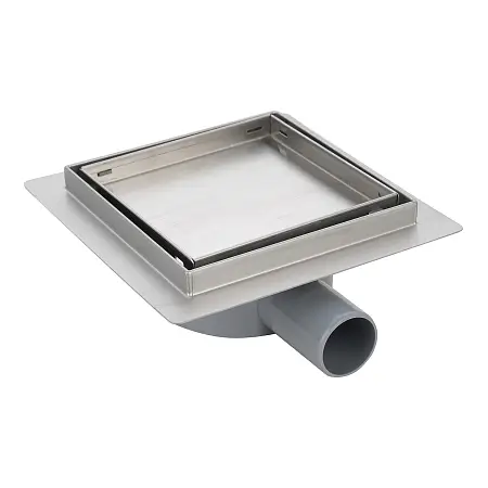 Трап для душа AZARIO 150х150 металлический, поворотный сифон 360°, решетка "под плитку", горизонтальный выпуск (AZZ3TILE150)